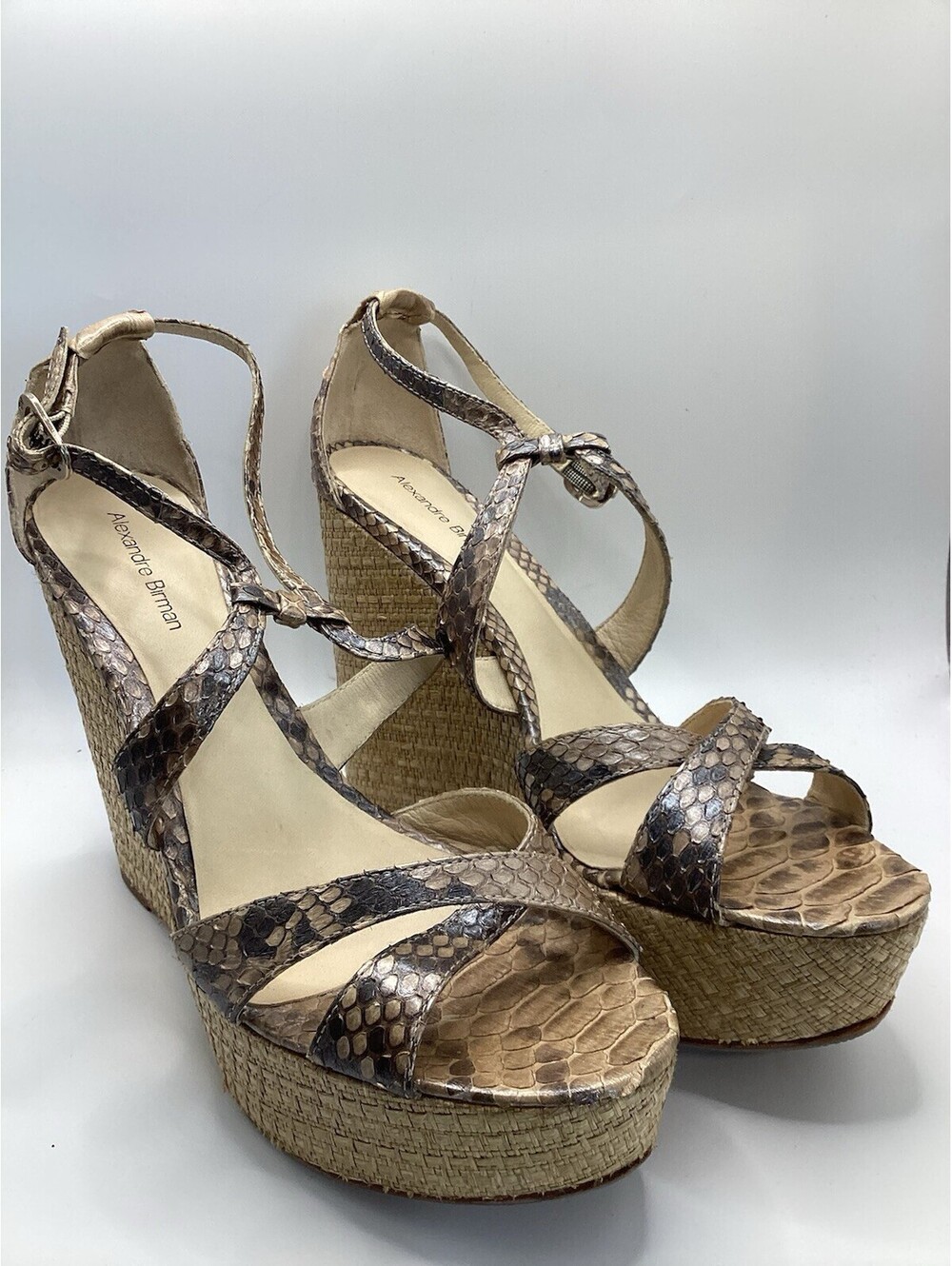 $795 Alexandre Birman Python Leather Strappy Wedge Platform Sandals Brown 8.5